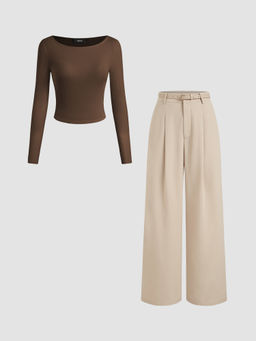 Cider - Boat Neck Long Sleeve Top & Mid Rise Straight Leg Trousers With Belt Set