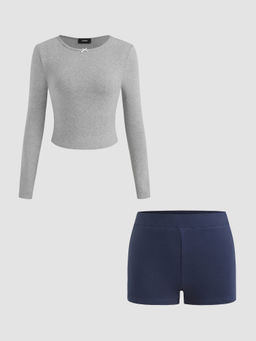 Cider - Cotton-Blend Round Neckline Bowknot Long Sleeve Top & Low Rise Legging Shorts
