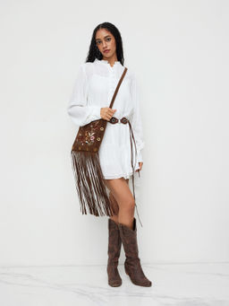 Cider - Floral Embroidery Fringe Faux Suede Crossbody Bag