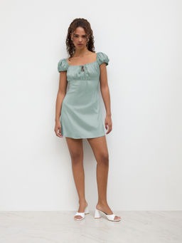 Cider - Satin Square Neck Ruched Knotted Puff Sleeve Mini Dress