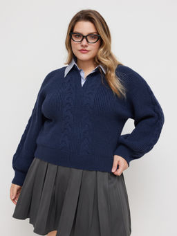 Cider - Cable Knit Collar Two Tone Oversized Top Curve & Plus