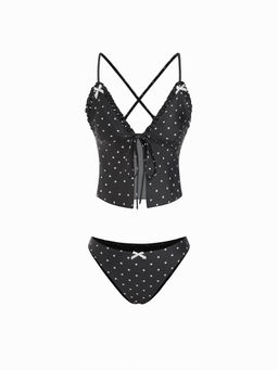 Cider - V-Neck Gingham Bowknot Lettuce Trim Tankini Bikini Set