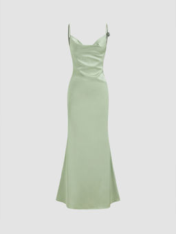 Cider - Satin Cowl Neck 3D Floral Ruched Mermaid Maxi Dress