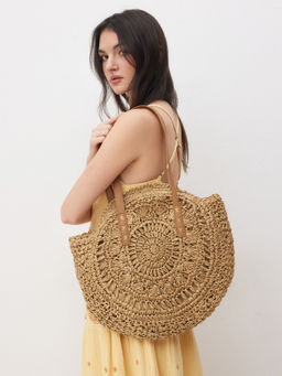 Cider - Round Straw & Faux Leather Tote Bag