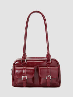 Cider - Double Pocket Boston Faux Leather Shoulder Bag
