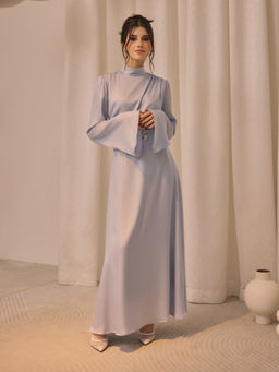 Cider - Stand Collar Ruched Ruffle Lace Up Maxi Dress
