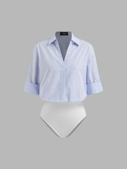 Cider - Cotton-Blend Collar Roll-Up Sleeve Shirt Bodysuit