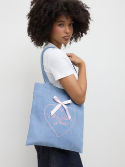 Cider - Bowknot & Heart Embroidery Denim Canvas Bag