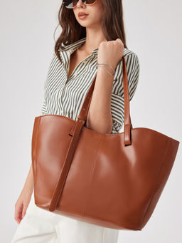 Cider - Solid Half-Moon Adjustable Faux Leather Tote Bag