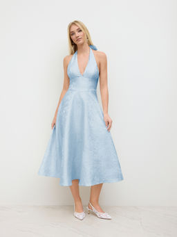 Cider - Jacquard Sculptural Halter Neckline Floral Lace Up Maxi Dress