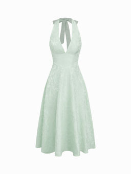 Cider - Jacquard Sculptural Halter Neckline Floral Lace Up Maxi Dress