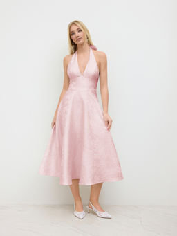 Cider - Jacquard Sculptural Halter Neckline Floral Lace Up Maxi Dress