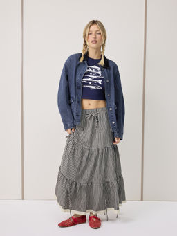 Cider - Two Way Cotton-Blend Mid Rise Plaid Tiered Knotted Maxi Skirt
