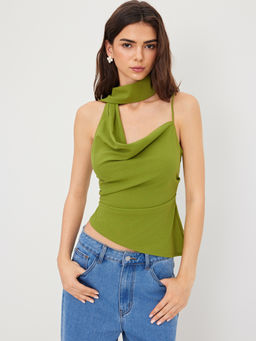 Cider - Halter Neckline Ruched Cami Top With Scarf