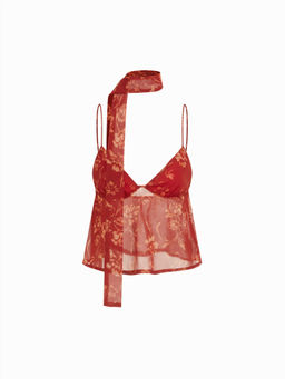Cider - Chiffon Sweetheart Polka Dot Crop Cami Top With Scarf