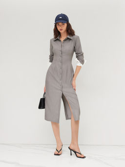 Cider - Collar Button Roll-Up Sleeve Shirt Maxi Dress