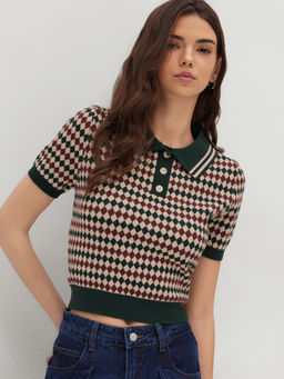 Cider - Knit Polo Argyle Short Sleeve Top