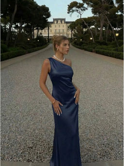 Cider - Satin Asymmetrical Neck Backless Maxi Dress
