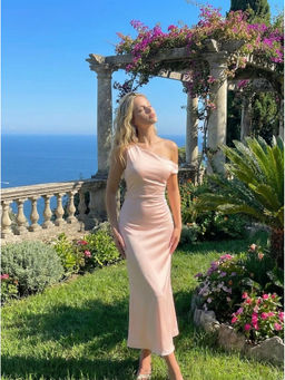 Cider - Satin Asymmetrical Neck Backless Maxi Dress