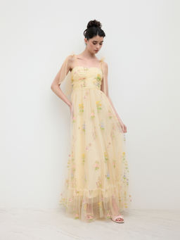 Cider - Mesh Square Neck Embroidery Floral Knotted Maxi Dress