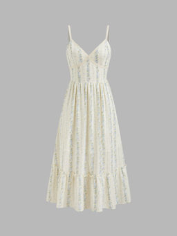 Cider - Cotton V-Neck Floral Shirred Maxi Dress