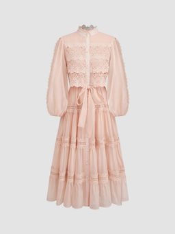 Cider - Chiffon High Neck Guipure Pearl Button Maxi Dress