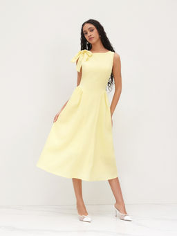 Cider - Linen-Blend Boat Neck Bowknot Ruffle Midi Dress