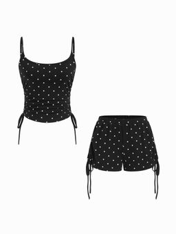 Cider - Polka Dot Drawstring Crop Cami Top & Low Rise Drawstring Micro Shorts Set