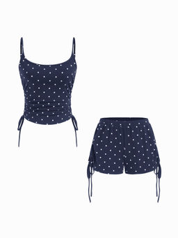 Cider - Polka Dot Drawstring Crop Cami Top & Low Rise Drawstring Micro Shorts Set