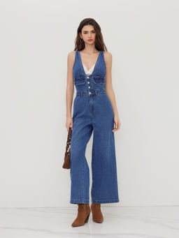 Cider - Denim V-Neck Button Pocket Wide Leg Jumpsuit
