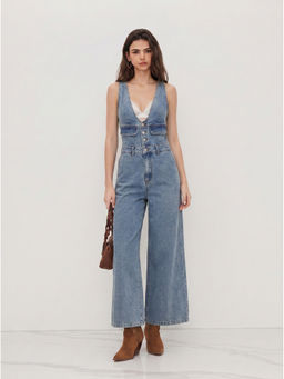 Cider - Denim V-Neck Button Pocket Wide Leg Jumpsuit