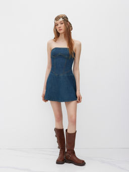 Cider - Stretch Denim Ruffle Bandeau Mini Dress