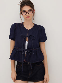Cider - Denim Tie Front Bow Puff Sleeve Oversized Blouse