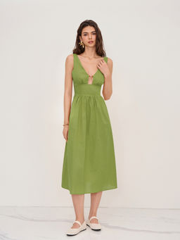 Cider - Linen-Blend V-Neck Beaded Cut Out Ruffle Maxi Dress