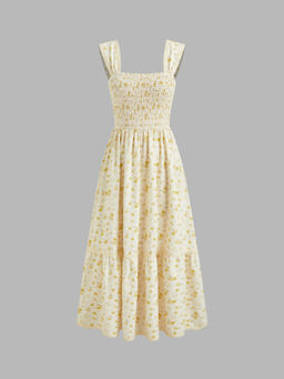 Cider - Square Neck Ditsy Floral Shirred Midi Dress