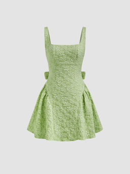 Cider - Jacquard U-Neckline Floral Backless Bowknot Mini Dress