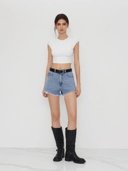 Cider - Stretch Denim Mid Rise Raw Hem Shorts