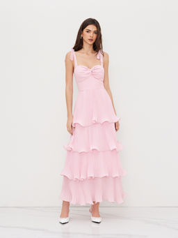 Cider - Knotted Twist Ruffle Hem Layered Maxi Dress