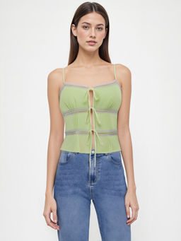 Cider - Chiffon V-Neck Tie Front Bow Lace Trim Shirred Cami Top