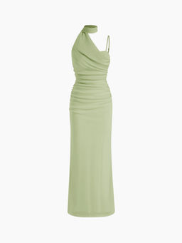 Cider - Mesh Halter Neckline Ruched Maxi Dress With Scarf