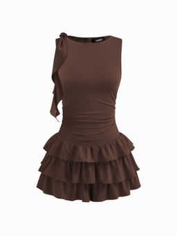 Cider - Boat Neck Ruched Ruffle Hem Layered Micro Romper