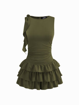 Cider - Boat Neck Ruched Ruffle Hem Layered Micro Romper