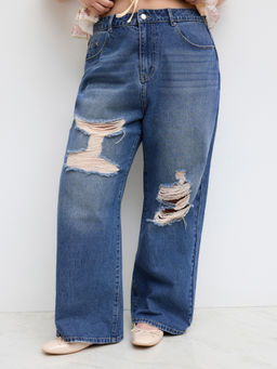 Cider - Denim Mid Rise Ripped Wide Leg Jeans Curve & Plus