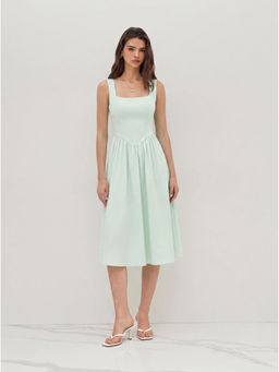 Cider - Linen-Blend Square Neck Ruffle Midi Dress