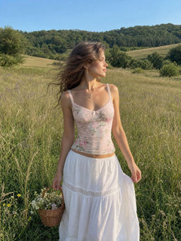 Cider - Sweetheart Lace Floral Lettuce Trim Bowknot Cami Top