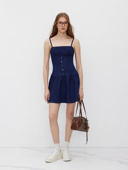 Cider - Denim Button Ruffle Mini Dress