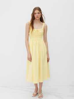 Cider - Linen-Blend Lettuce Trim Knotted Shirred Cami Midi Dress