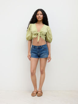 Cider - Cotton-Blend V-Neck Check Tie Front Lantern Sleeve Crop Top