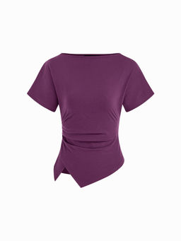 Cider - Cotton-Blend Boat Neck Ruched Asymmetrical Hem Tee