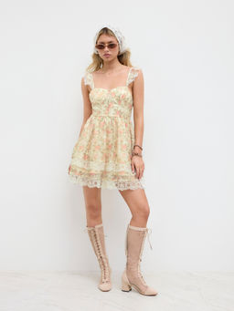 Cider - Sweetheart Ditsy Floral Layered Lace Trim Corset Mini Dress